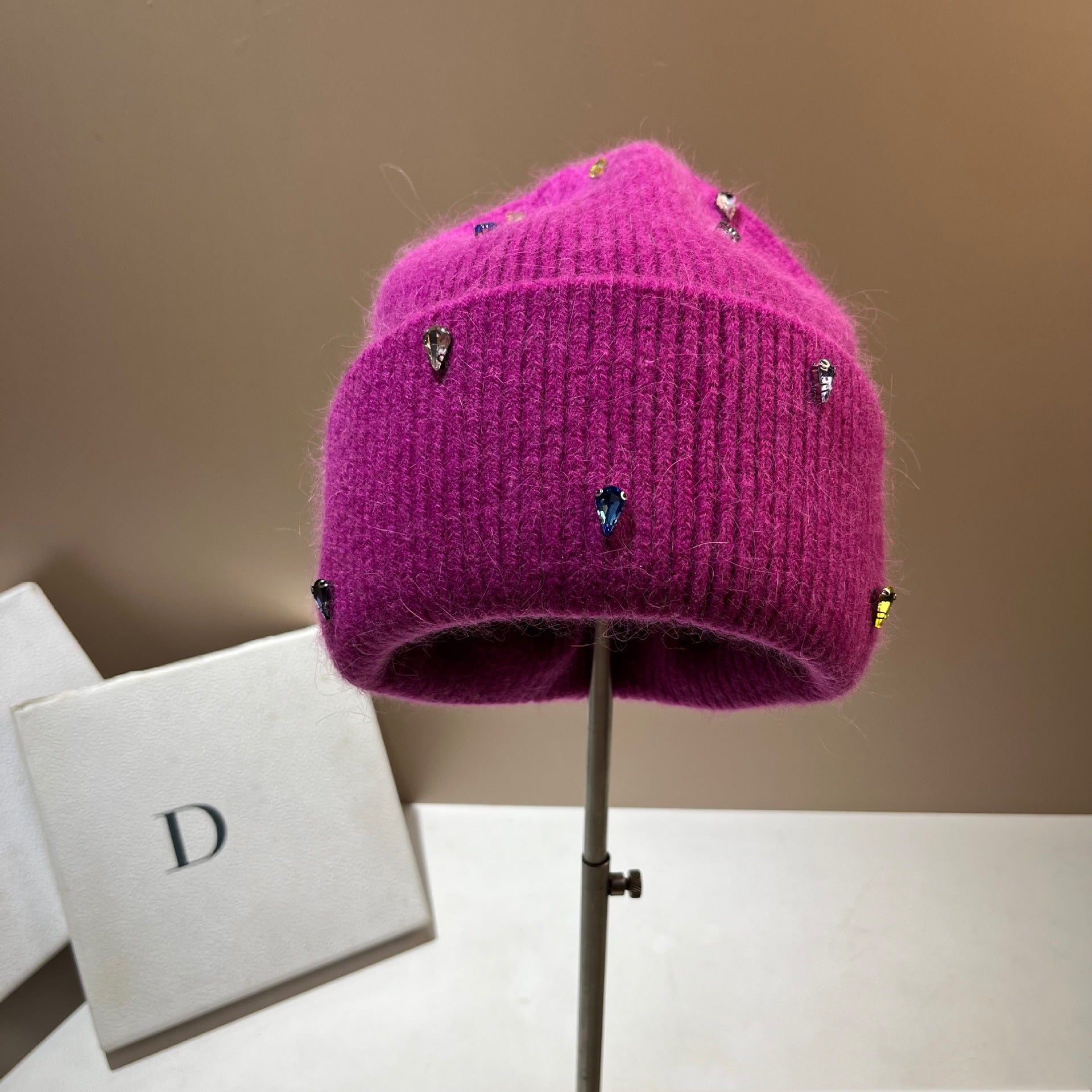 Color Diamond Light Luxury Winter Rabbit Hair Knitted Hat Personality Colorful Pitaya Color Free Size