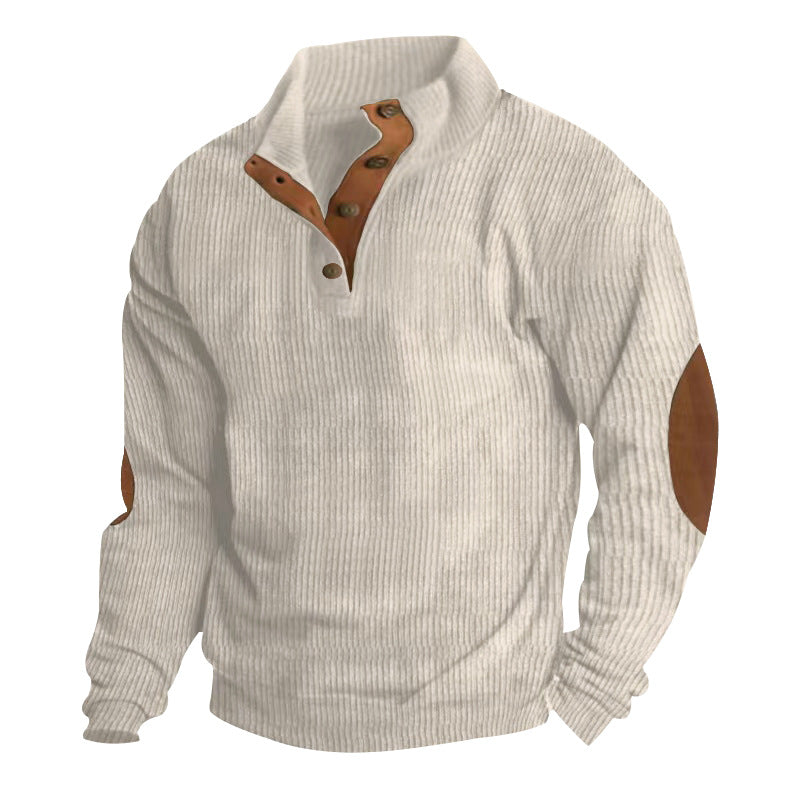 Casual Stand-Collar Long Sleeve Pullover Sweatshirt for Men Fashion Solid Color Striped Design Loose Tops Apricot