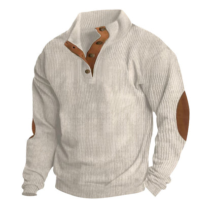 Casual Stand-Collar Long Sleeve Pullover Sweatshirt for Men Fashion Solid Color Striped Design Loose Tops Apricot