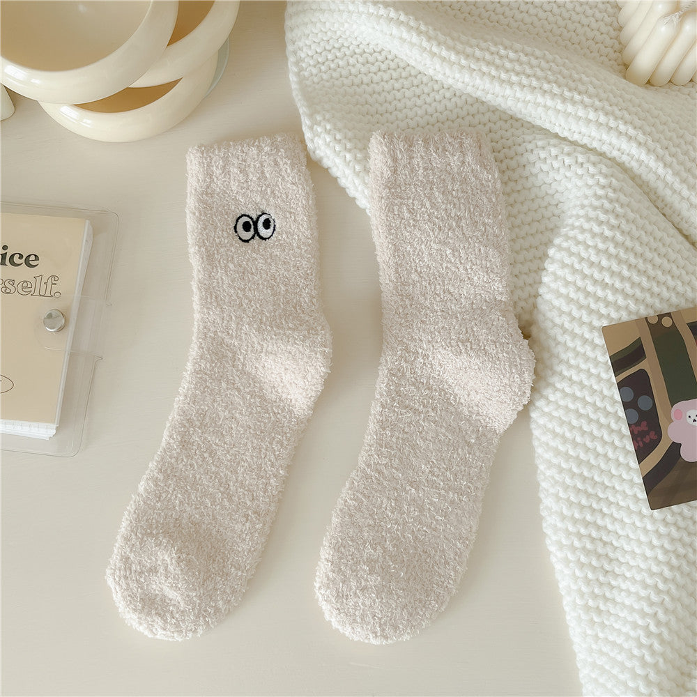 Women's Solid Color Embroidered Sleep Thickening Warm Terry Socks Beige
