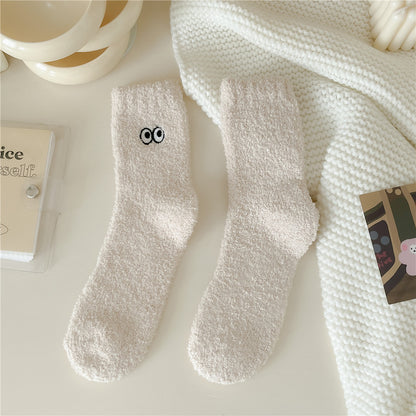 Women's Solid Color Embroidered Sleep Thickening Warm Terry Socks Beige