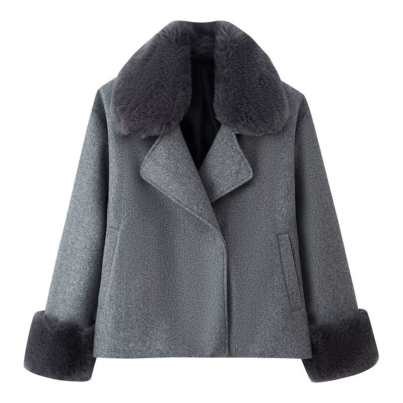 Women's Short Wool Coat With Fur Collar Decoration Gray