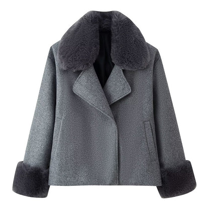 Women's Short Wool Coat With Fur Collar Decoration Gray