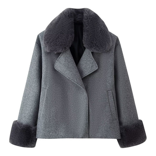 Women's Short Wool Coat With Fur Collar Decoration Gray