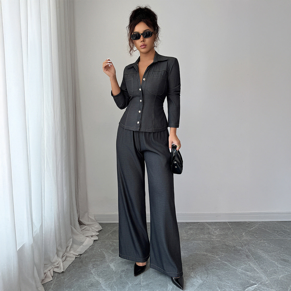 Women's Two-Piece Set With Coat And Long Skirt Dark Gray