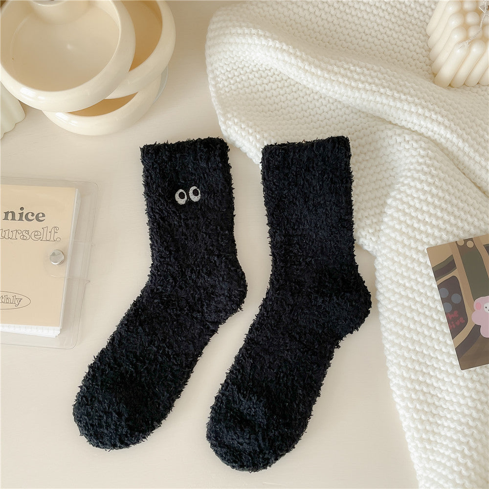 Women's Solid Color Embroidered Sleep Thickening Warm Terry Socks Black