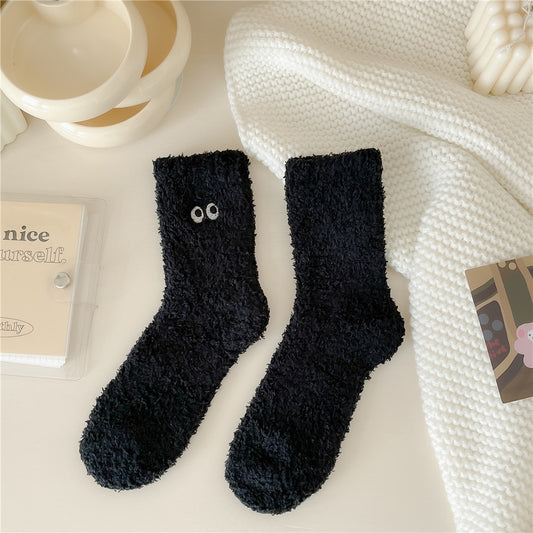 Women's Solid Color Embroidered Sleep Thickening Warm Terry Socks Black
