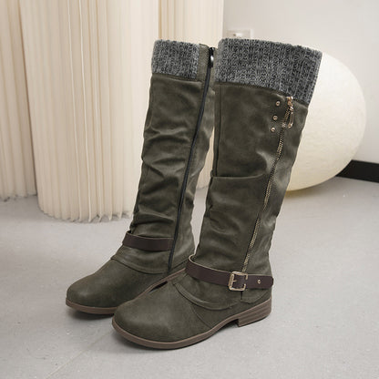 Plus Size Long Tube Women's Boots Chunky Heel Side Zip Wool Stitching Green