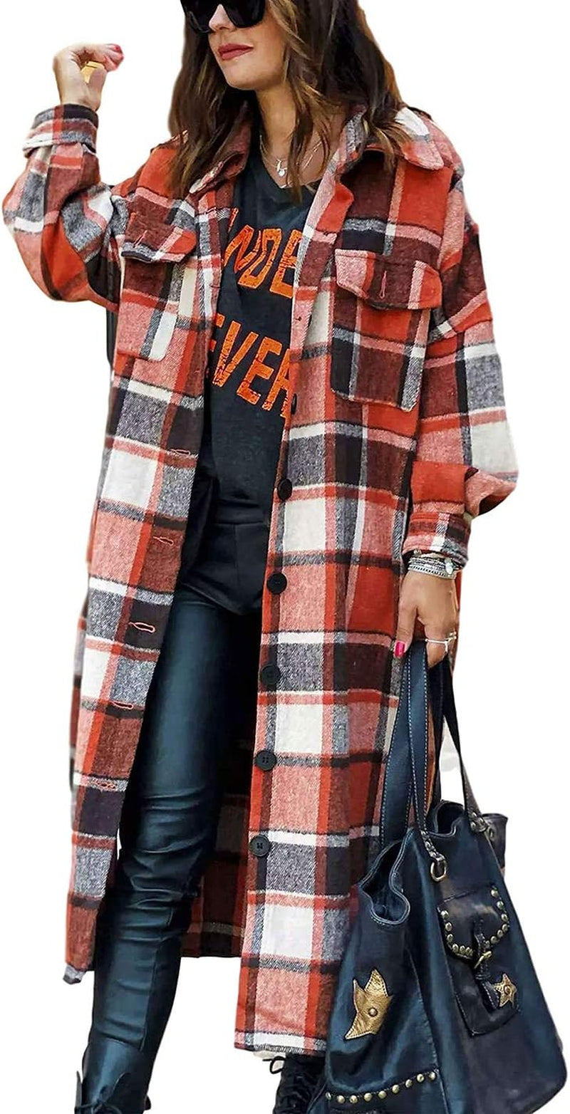 Women'S Flannel Plaid Shacket Fall Oversized Long Button down Shirt Jacket Shackets Orange Medium