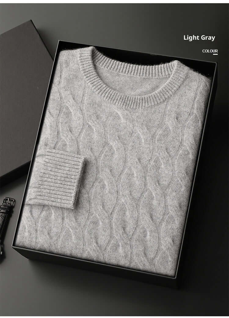 Thickened Men's Cashmere Sweater With Round Neck And Twisted Design Light Gray