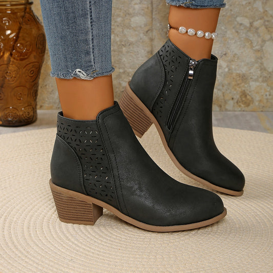 Hollow-out Pointed Toe Low-cut Square Heel Women's Boots Black