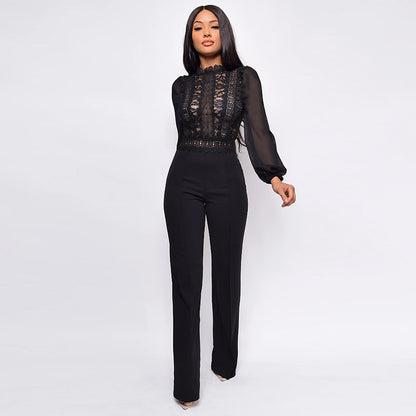 High-waisted Straight-leg Women's High-neck Lace Long-sleeve Jumpsuit Black