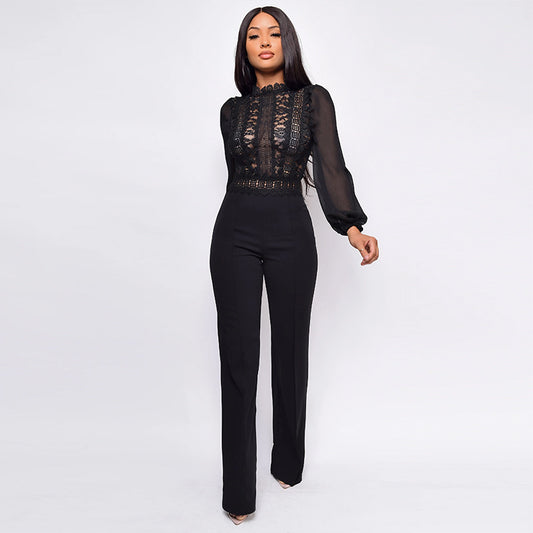 High-waisted Straight-leg Women's High-neck Lace Long-sleeve Jumpsuit Black