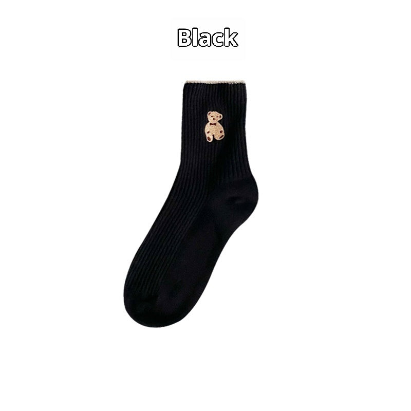 Mid-calf Retro Style Bear Japanese School Style Autumn And Winter Women's Stack Socks Black Jacquard