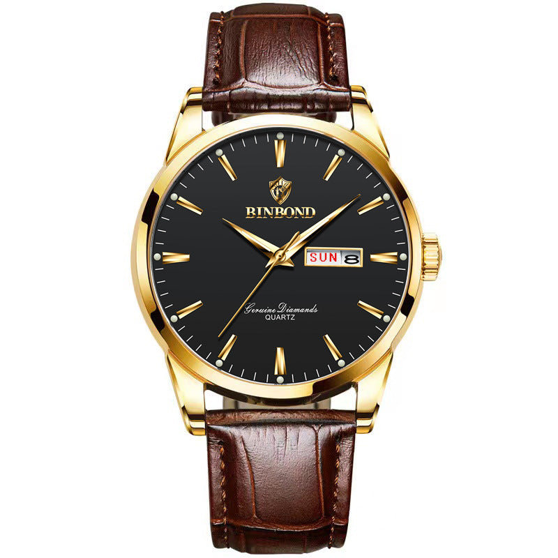 Double Calendar Waterproof Quartz Watch Men Brown Leather Black Surface Male Style