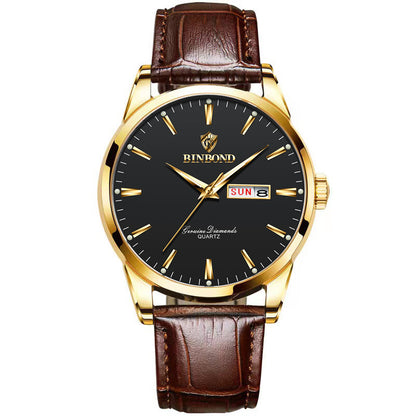Double Calendar Waterproof Quartz Watch Men Brown Leather Black Surface Male Style