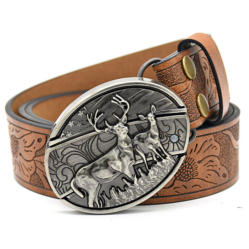 Personality Student Trendy Printing Engraving Smooth Buckle Knife Embossing Belt SHULU Brown