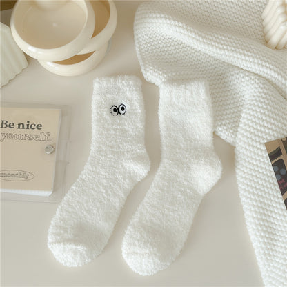 Women's Solid Color Embroidered Sleep Thickening Warm Terry Socks White