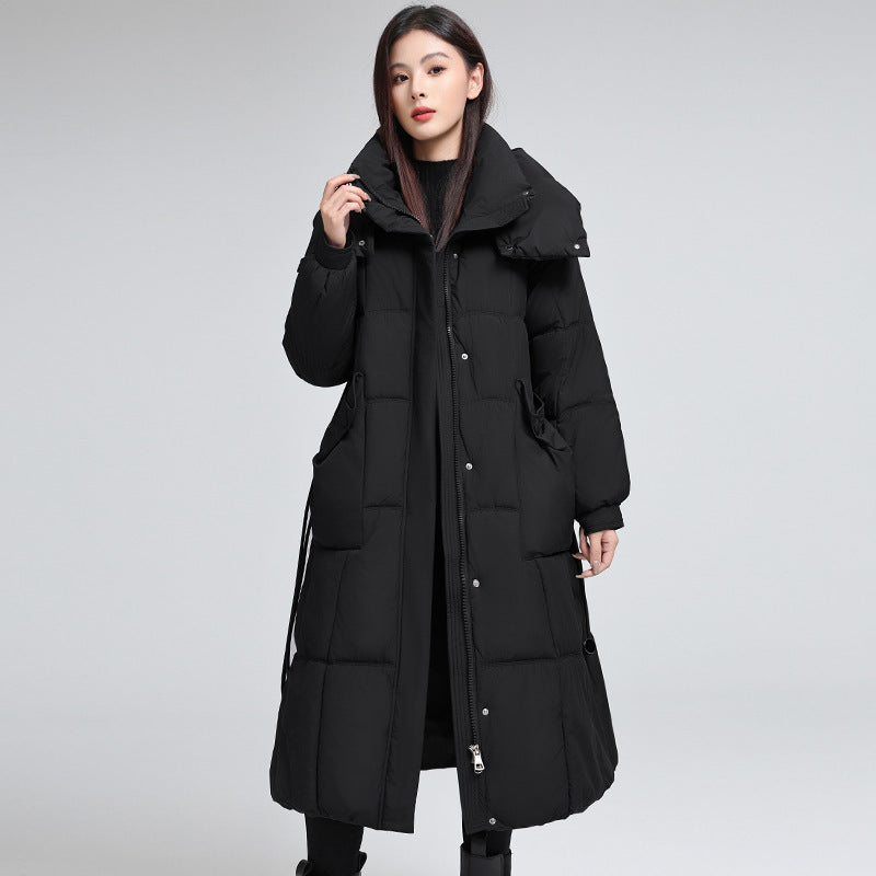 Knee-length Warm Cotton Coat Loose Thicken Waist-cinching Padded Jacket Black