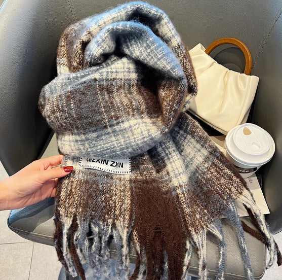 Scarf Winter Thicken Thermal Solid Color Mohair Shawl Small Gradient Grid Blue coffee