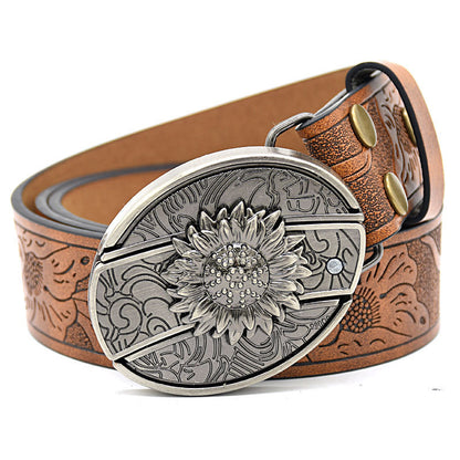 Personality Student Trendy Printing Engraving Smooth Buckle Knife Embossing Belt Sunflower Brown
