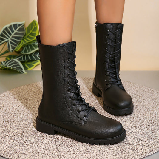 British Style Round Toe Side Zipper Thick Bottom Locomotive Large Size Women's Boots Black