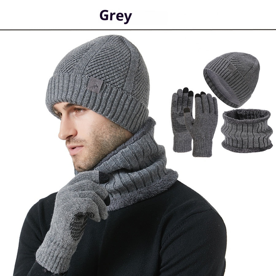Winter New Thickened Men's Hat Scarf Gloves Three-piece Set Gray