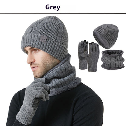 Winter New Thickened Men's Hat Scarf Gloves Three-piece Set Gray
