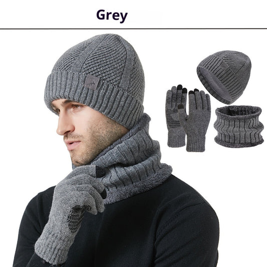 Winter New Thickened Men's Hat Scarf Gloves Three-piece Set Gray