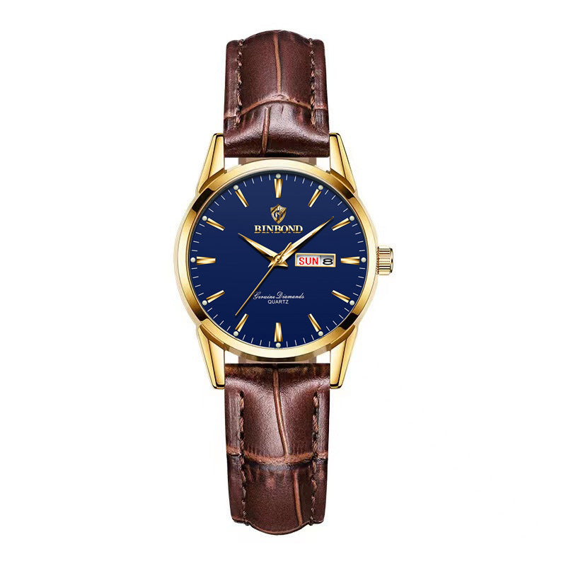 Double Calendar Waterproof Quartz Watch Men Brown Leather And Blue Surface Female Style