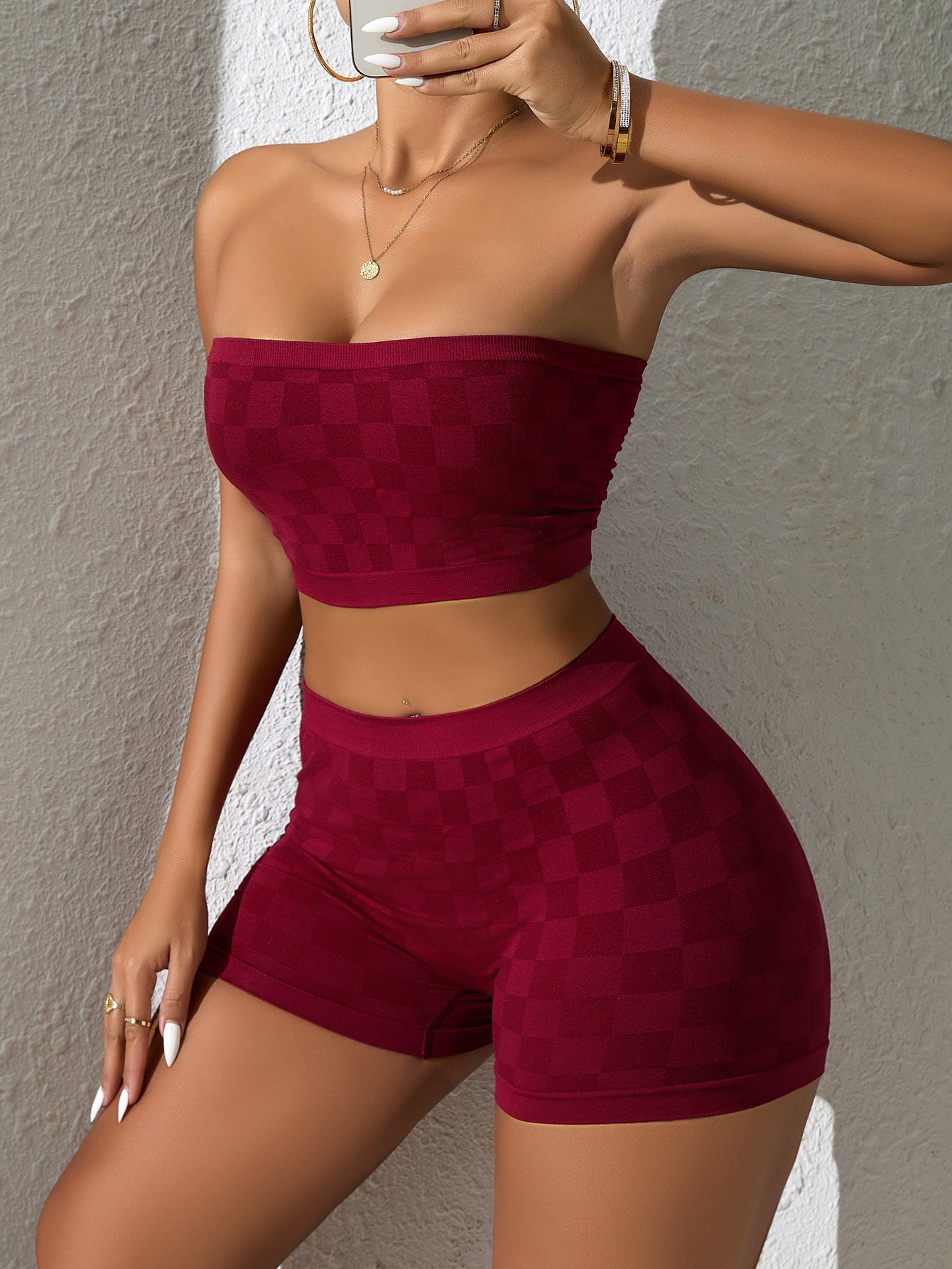 Grid Word Wrap Bandeau And Boxer Shorts Set Dark Red