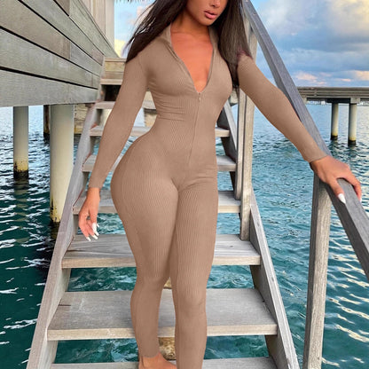 Casual Ribbed Zip-up Jumpsuit Long Sleeves Khaki