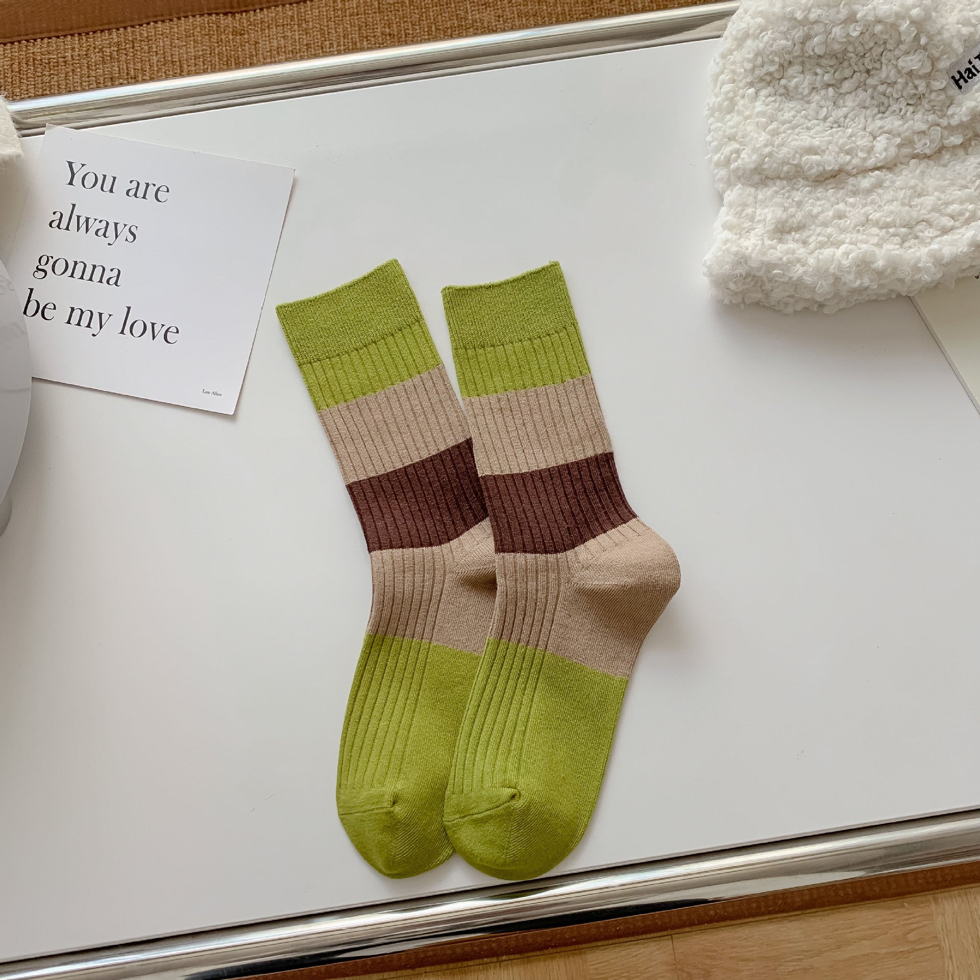 Retro Women's Warm Double Needle Embroidery Mid-calf Socks Color Matching Free Size