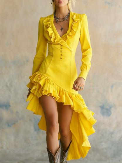 Ruffled No-wash Denim Fabric Dress Lemon Yellow