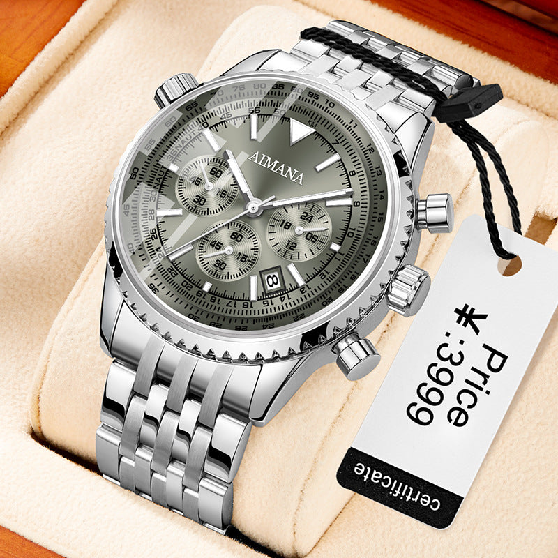 Quartz Three Eyes And Six Needles Men's Watch Silver Case Gray Surface