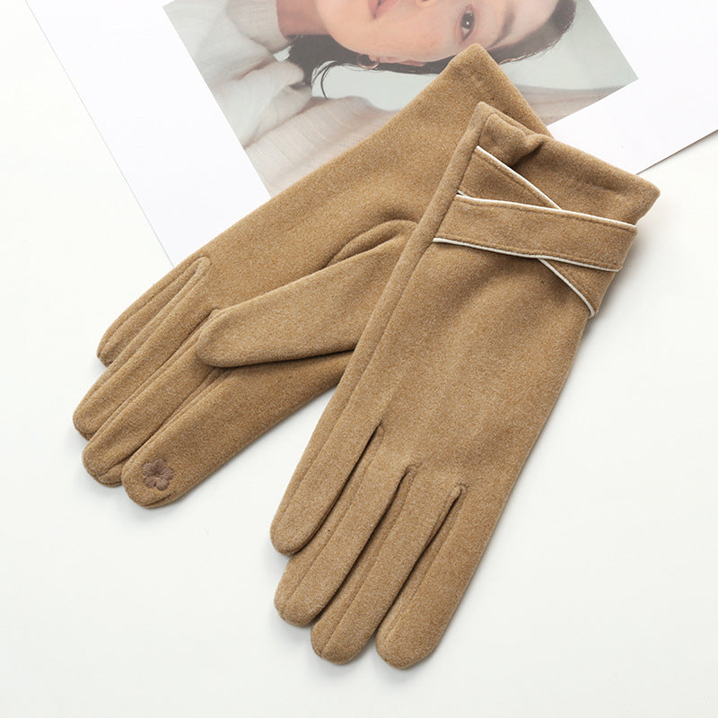Women's Outdoor Warm Velvet Padded Thickened Cycling And Driving Versatile Simple Touch Screen Warm Gloves Khaki Free Size