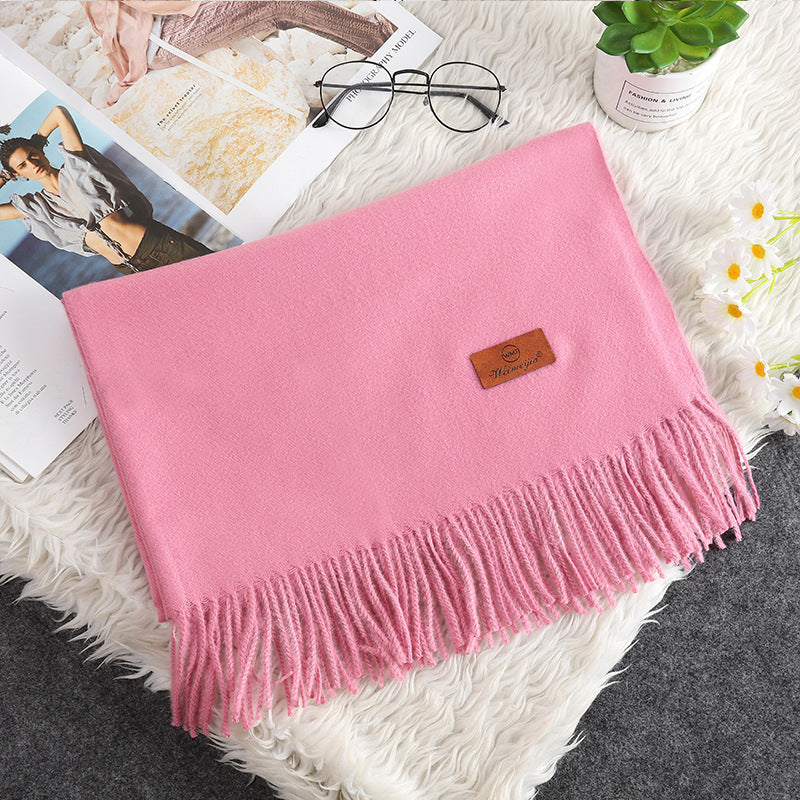 Solid Color Cashmere-like Bristle Scarf Ladies Tassel Warm Gift Pink Color 200x70cm