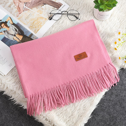 Solid Color Cashmere-like Bristle Scarf Ladies Tassel Warm Gift Pink Color 200x70cm