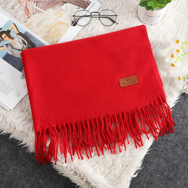 Solid Color Cashmere-like Bristle Scarf Ladies Tassel Warm Gift Bright Red 200x70cm