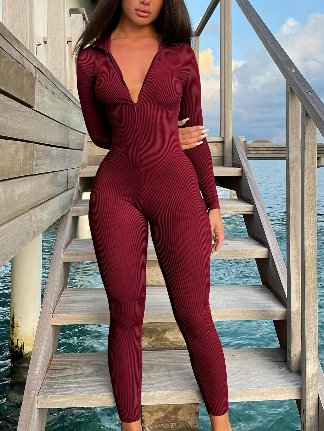 Casual Ribbed Zip-up Jumpsuit Long Sleeves Wine Red