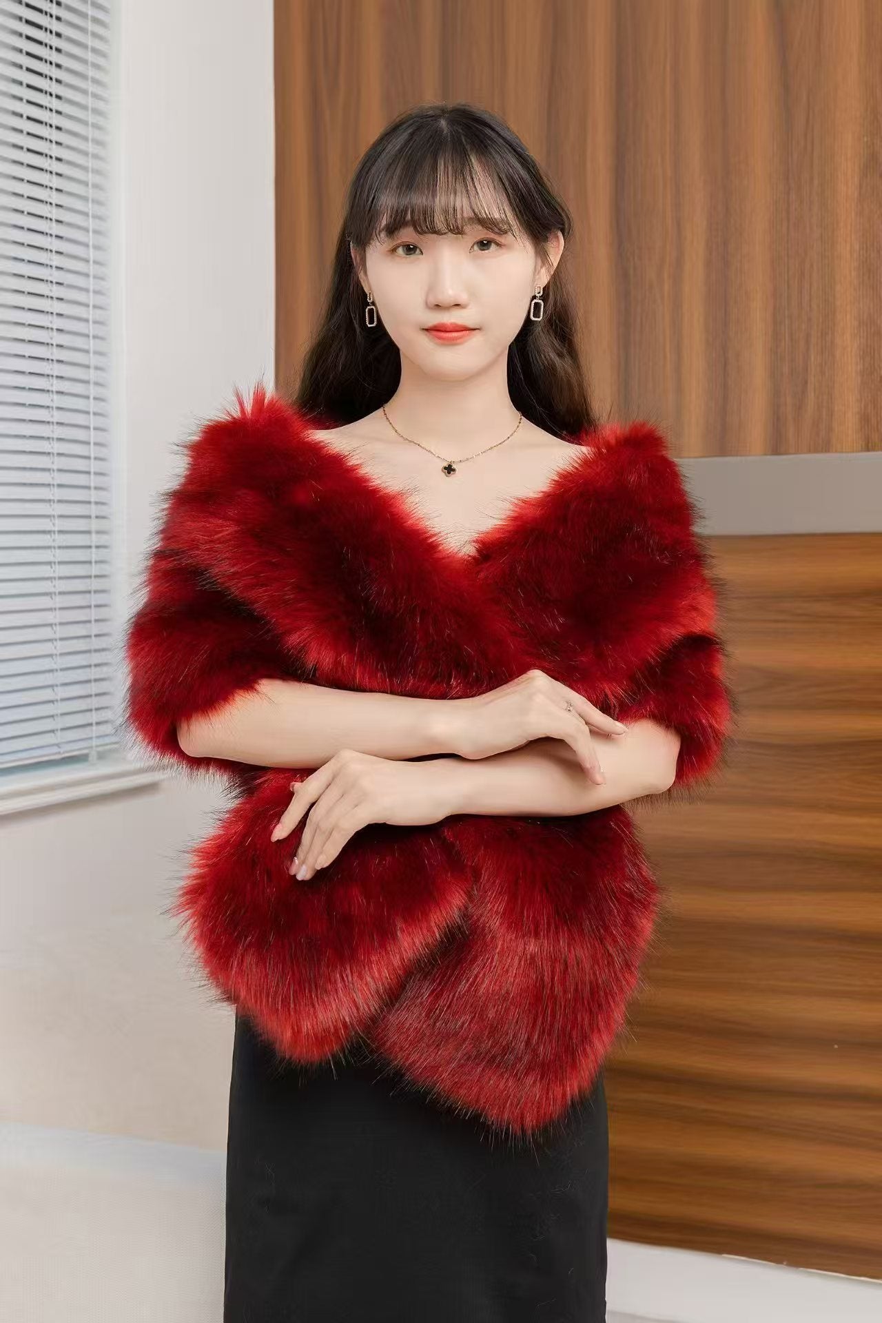 Women's Big Fur Collar Scarf Shawl Dark Red