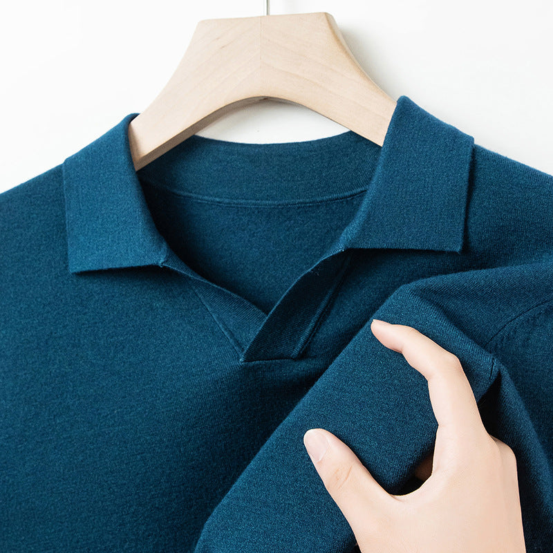 Autumn And Spring Seagull Collar 6 Wool Men's Anti-Pilling Knitted Long Sleeve Polo Shirt Blue And Green Flowers