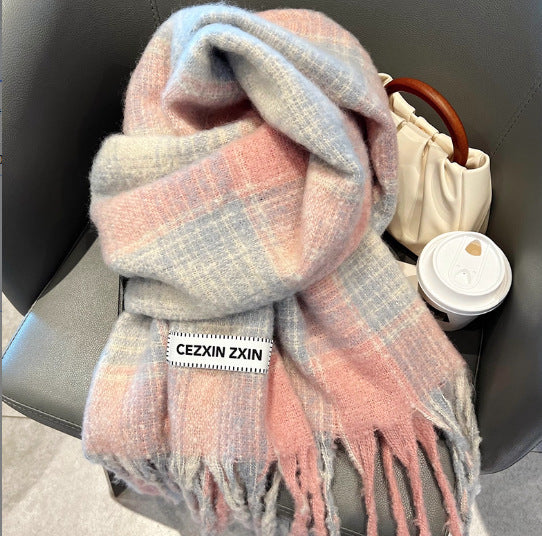 Scarf Winter Thicken Thermal Solid Color Mohair Shawl Small Gradient Grid Pink blue