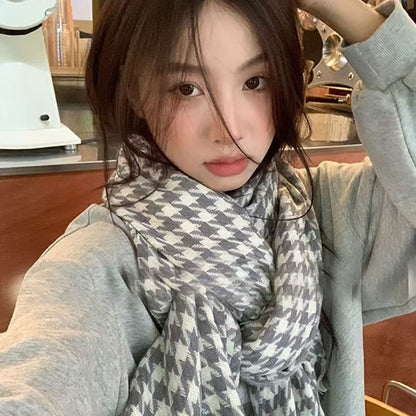 Scarf Winter Thicken Thermal Solid Color Mohair Shawl Houndstooth Grey