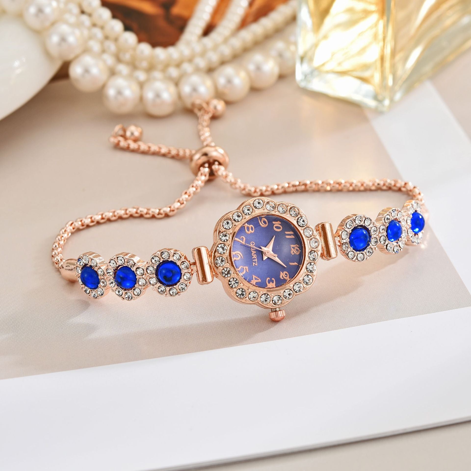 Free Pull-out Bracelet Women's Watch Fashion Color Diamond Rose Gold Blue