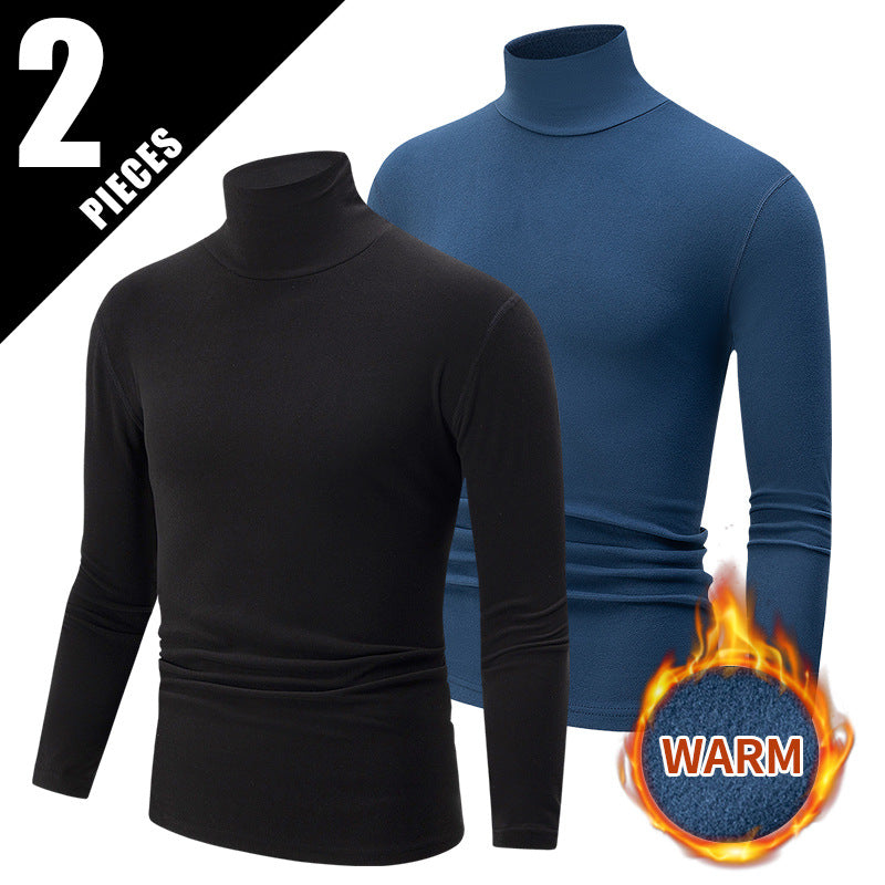 Autumn And Winter Men's Solid Color Versatile High-neck Base Layer Casual Fleece Top Black Dark Blue