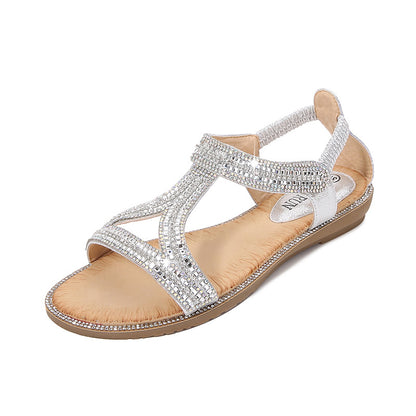 Bohemian Style Women's Shoes Hollow Out Flat Rhinestone Sandals Silver