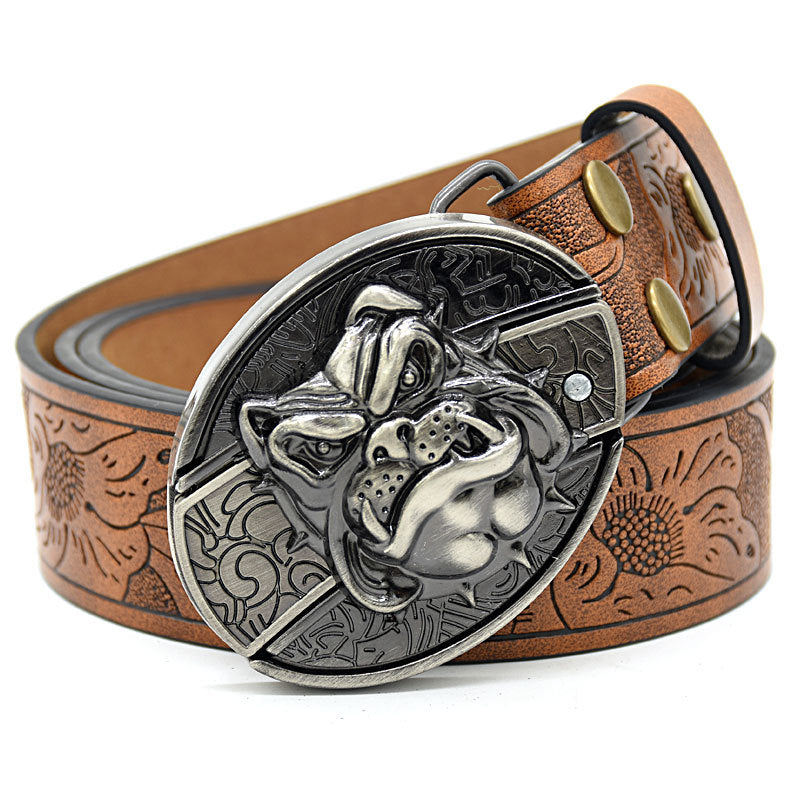 Personality Student Trendy Printing Engraving Smooth Buckle Knife Embossing Belt Dog Head Brown