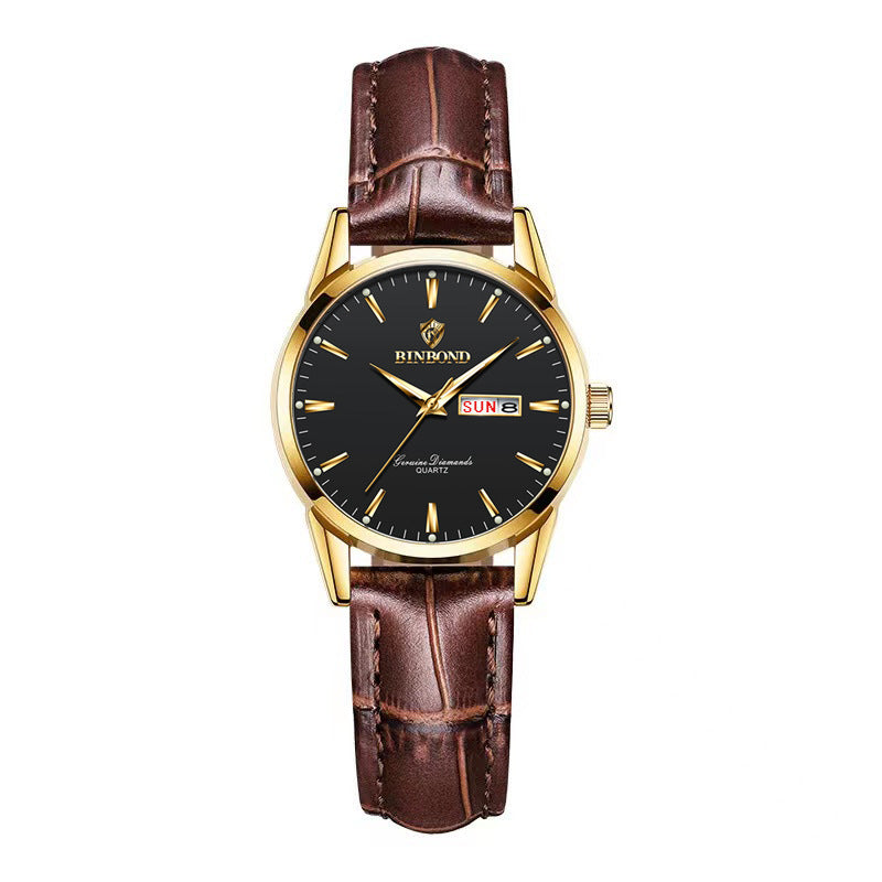Double Calendar Waterproof Quartz Watch Men Brown Leather Black Surface Female Style