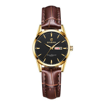 Double Calendar Waterproof Quartz Watch Men Brown Leather Black Surface Female Style